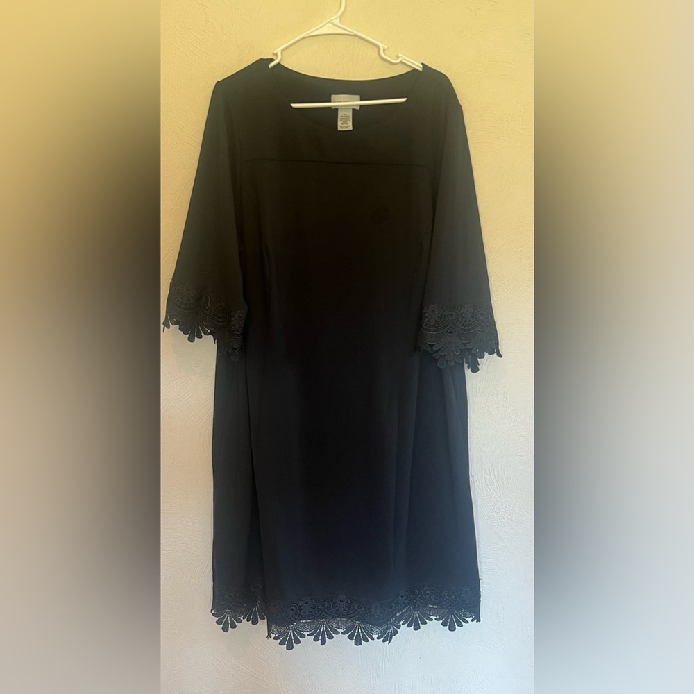Catherines Black Ponte Knit Midi sheath dress with lace trim
